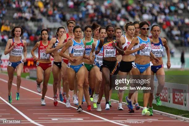 General view of the pack in the Women's 5000m final during day two of the 21st European Athletics Championships at the Olympic Stadium on June 28,...