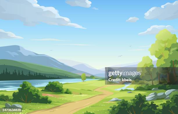 idyllic landscape with path - dark green forest background stock illustrations