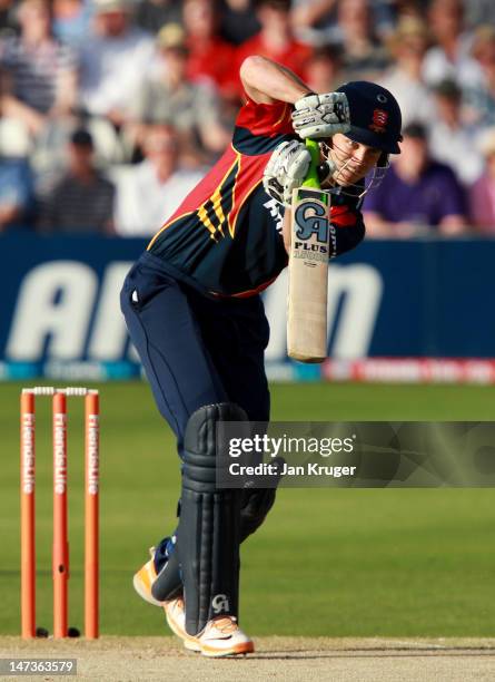 James Franklin of Essex plays a off drive during the Friends Life T20 match between Essex and Sussex at Ford County Ground on June 28, 2012 in...