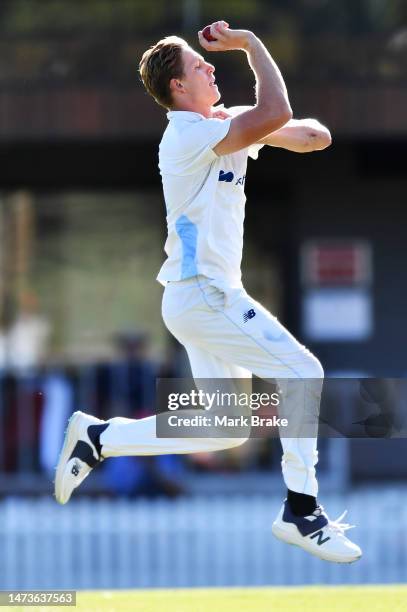 Jack Edwards of the Blues bowlsduring the Sheffield Shield match between South Australia and New South Wales at Karen Rolton Oval, on March 15 in...