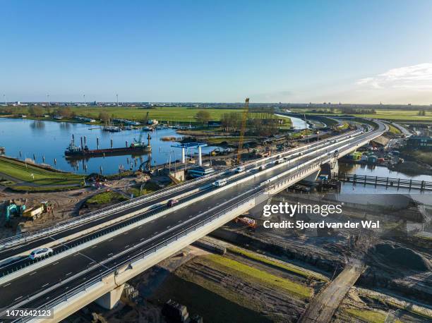 Roggebot bridge between Flevoland and Overijssel near Kampen opens for traffic for the first time in Dronten, The Netherlands on March 15, 2023. The...