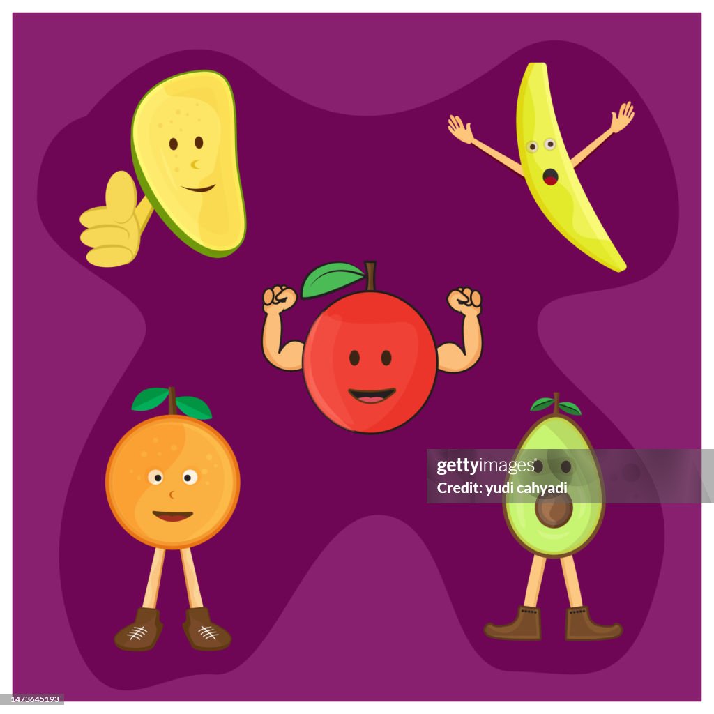 Cute fruits doodle vector icon, beautiful coloring