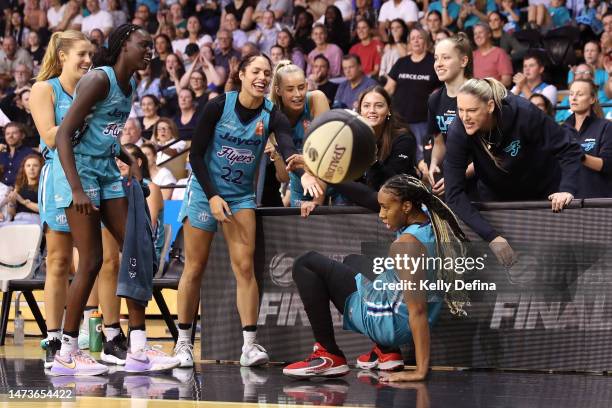 Kayla Thornton of the Flyers reacts with Lauren Jackson of the Flyers and team mates during the round three WNBL match between Southside Flyers and...