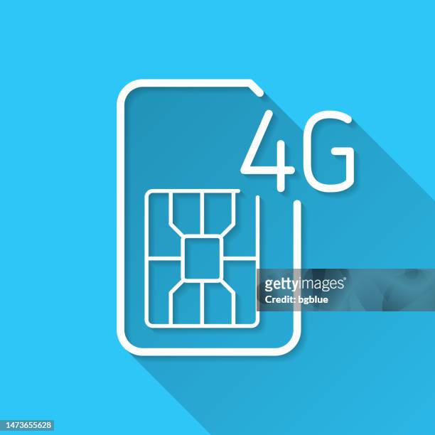 4g sim-karte. symbol auf blauem hintergrund - flaches design mit langem schatten - sim karte stock-grafiken, -clipart, -cartoons und -symbole