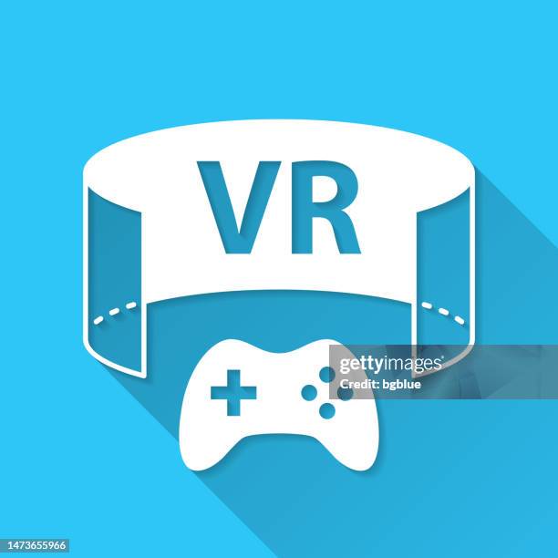 vr game - virtual reality game. icon on blue background - flat design with long shadow - gaming controller white stock illustrations