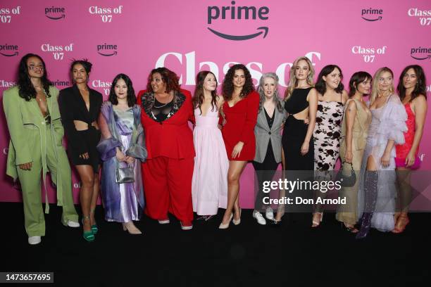 Megan Smart , Emily Browning and Caitlin Stasey pose alongside cast members during the Australian premiere of "Class of '07" at Hoyts Entertainment...