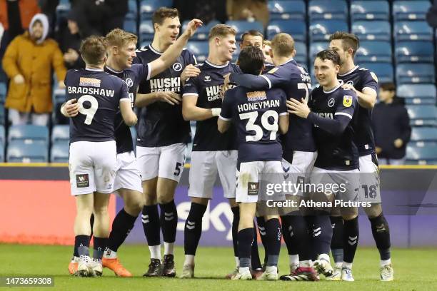 Charlie Cresswell of Millwall celebrates his goal during the Sky Bet Championship match between Millwall and Swansea City at The Den on March 14,...