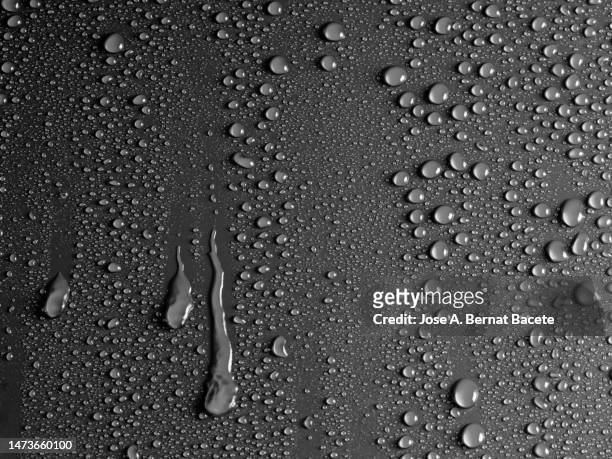drops of water sliding down a black surface. - raindrop stock-fotos und bilder