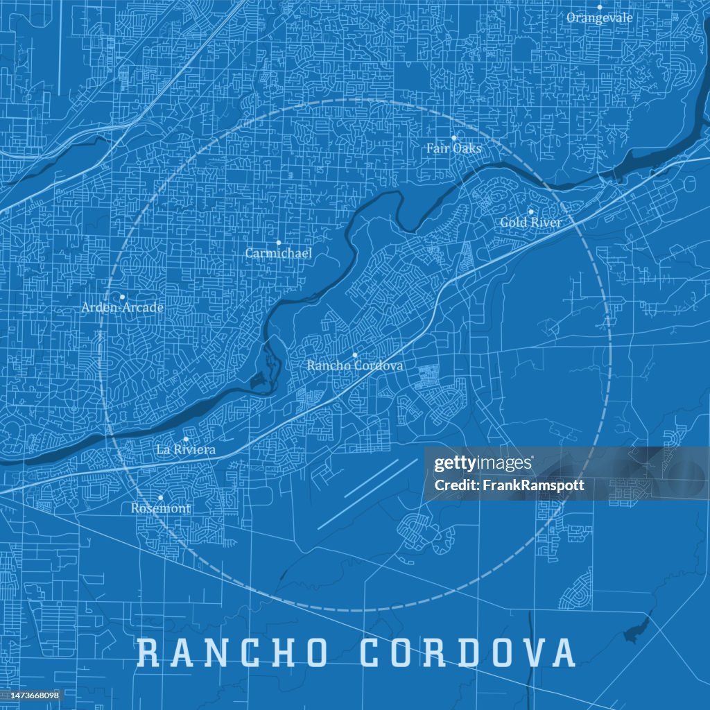 Rancho Cordova CA City Vector Road Map Blue Text