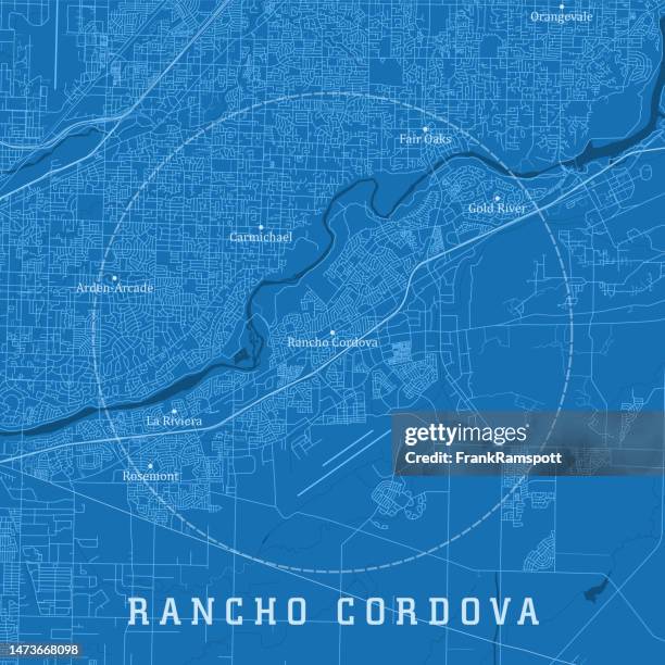 rancho cordova ca city vector road map blue text - american river california stock illustrations