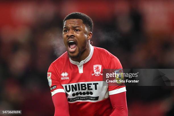 Middlesbrough striker Chuba Akpom reacts during the Sky Bet Championship between Middlesbrough and Stoke City at Riverside Stadium on March 14, 2023...