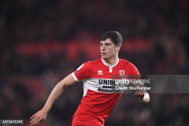 Middlesbrough defender Paddy McNair in action wearing a protective face mask during the Sky Bet Championship between Middlesbrough and Stoke City at...