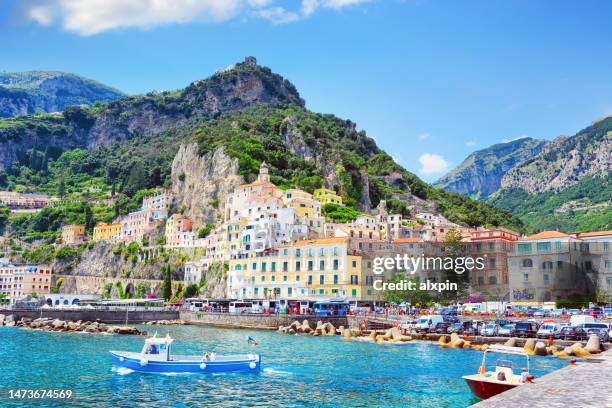 view of amalfi from the sea, italy - amalfi stockfoto's en -beelden