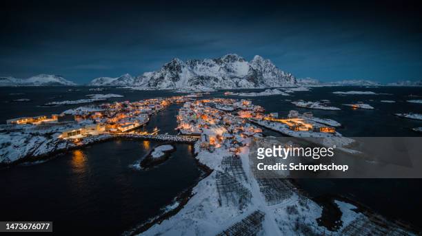 aerial view of henningsvaer, lofoten islands in norway - henningsvaer stock pictures, royalty-free photos & images