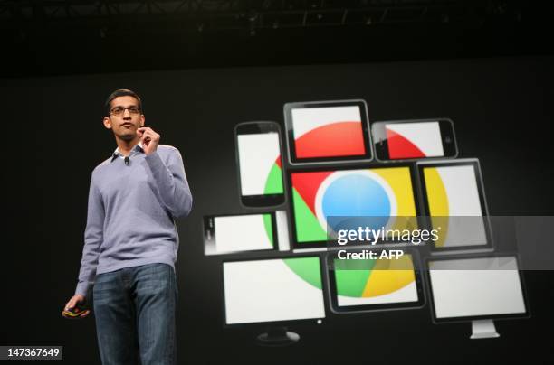 Sundar Pichai, senior vice president of Chrome, speaks at Google's annual developer conference, Google I/O, in San Francisco on June 28, 2012. AFP...