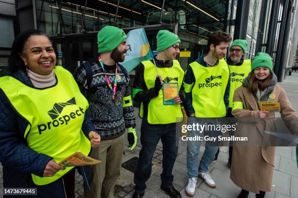 Members of the PCS traxde union on theor picket line at BEIS on March 15, 2023 in London, United Kingdom. Hundreds of thousands of workers across the...