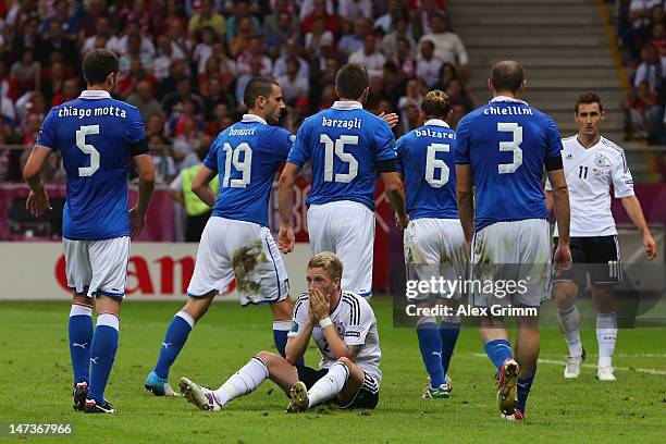 Marco Reus of Germany reacts after a missed opportunity in front of goal during the UEFA EURO 2012 semi final match between Germany and Italy at...