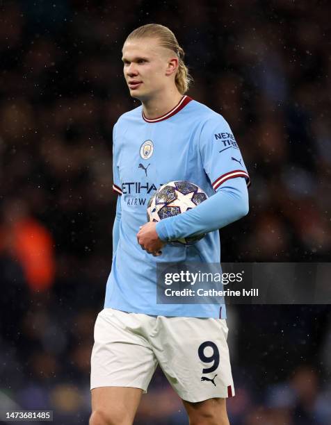 Erling Haaland of Manchester City prepares to take a penalty during the UEFA Champions League round of 16 leg two match between Manchester City and...