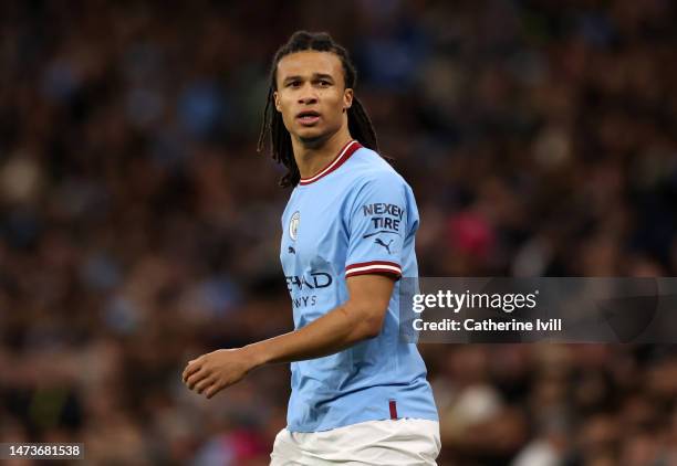 Nathan Ake of Manchester City during the UEFA Champions League round of 16 leg two match between Manchester City and RB Leipzig at Etihad Stadium on...