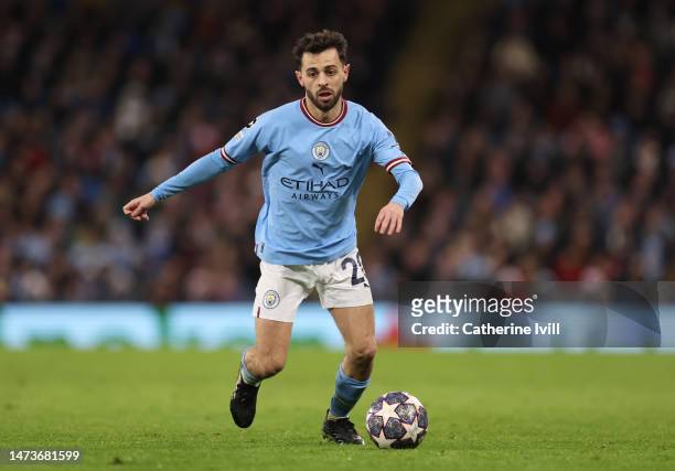 Bernardo Silva of Manchester City during the UEFA Champions League round of 16 leg two match between Manchester City and RB Leipzig at Etihad Stadium...