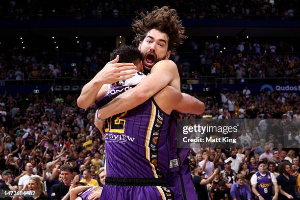 Jordan Hunter of the Kings and Tim Soares of the Kings celebrate winning game five of the NBL Grand Final series between Sydney Kings and New Zealand...