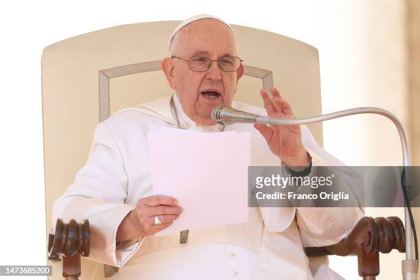 Pope Francis holds his speech during the weekly general audience at St. Peter's Square on March 15, 2023 in Vatican City, Vatican. The thought of the...