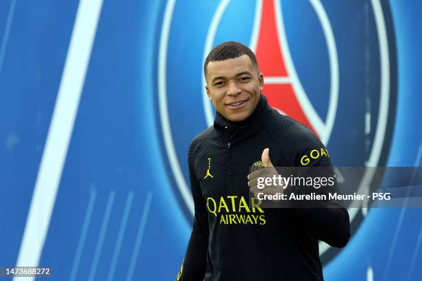 Kylian Mbappe reacts during a Paris Saint-Germain training session at PSG training center on March 15, 2023 in Paris, France.