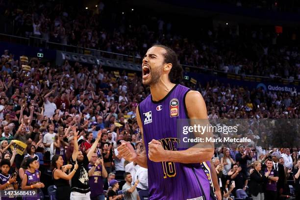 Xavier Cooks of the Kings celebrates victory during game five of the NBL Grand Final series between Sydney Kings and New Zealand Breakers at Qudos...