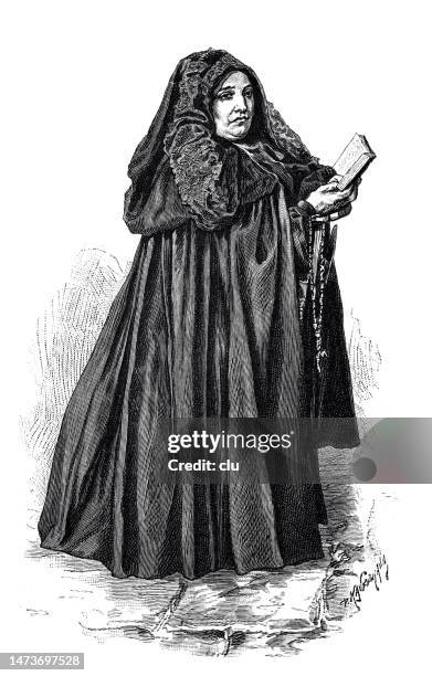 basque country, woman in mourning coat holding a songbook - mourning stock illustrations stock illustrations