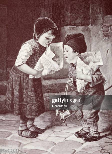 two children comparing their gifts wrapped in newspaper - newspaper wrapped gift stock illustrations