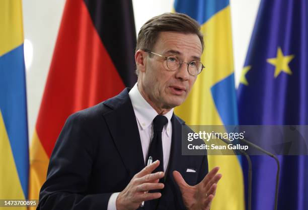 Swedish Prime Minister Ulf Kristersson and German Chancellor Olaf Scholz speak to the media following talks at the Chancellery on March 15, 2023 in...
