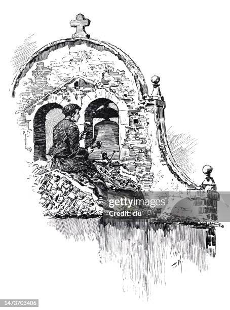 basque country, female bell ringer sitting on a church roof - bell ringer stock illustrations