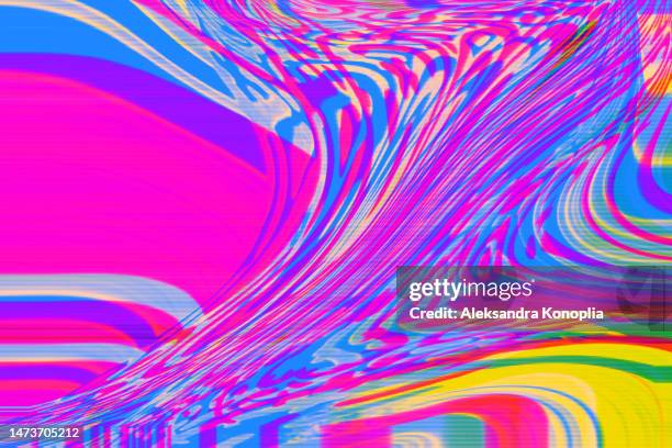 abstract interlaced digital distorted pink, green, blue neon rainbow wavy background - rock music poster stock pictures, royalty-free photos & images