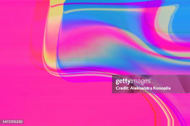 abstract interlaced digital distorted pink, green, blue neon rainbow wavy background - 2000s style photos et images de collection