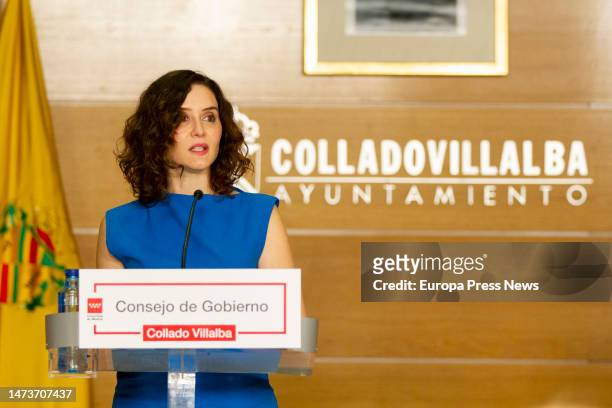 The President of the Community of Madrid, Isabel Diaz Ayuso, speaks at a press conference after the meeting of the Governing Council, at the Collado...