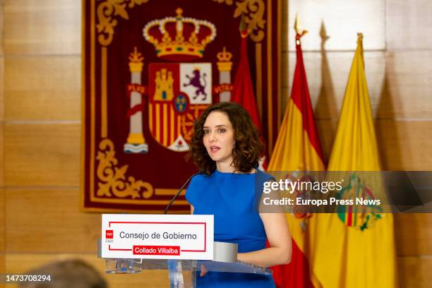 The President of the Community of Madrid, Isabel Diaz Ayuso, speaks at a press conference after the meeting of the Governing Council, at the Collado...