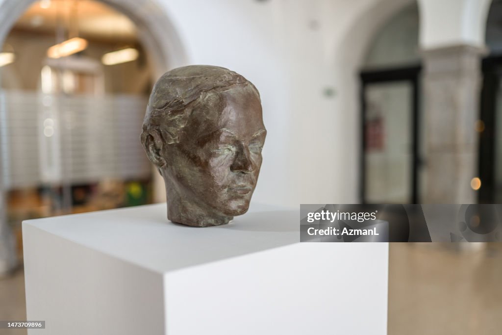 Bronze Head on White Pedestal