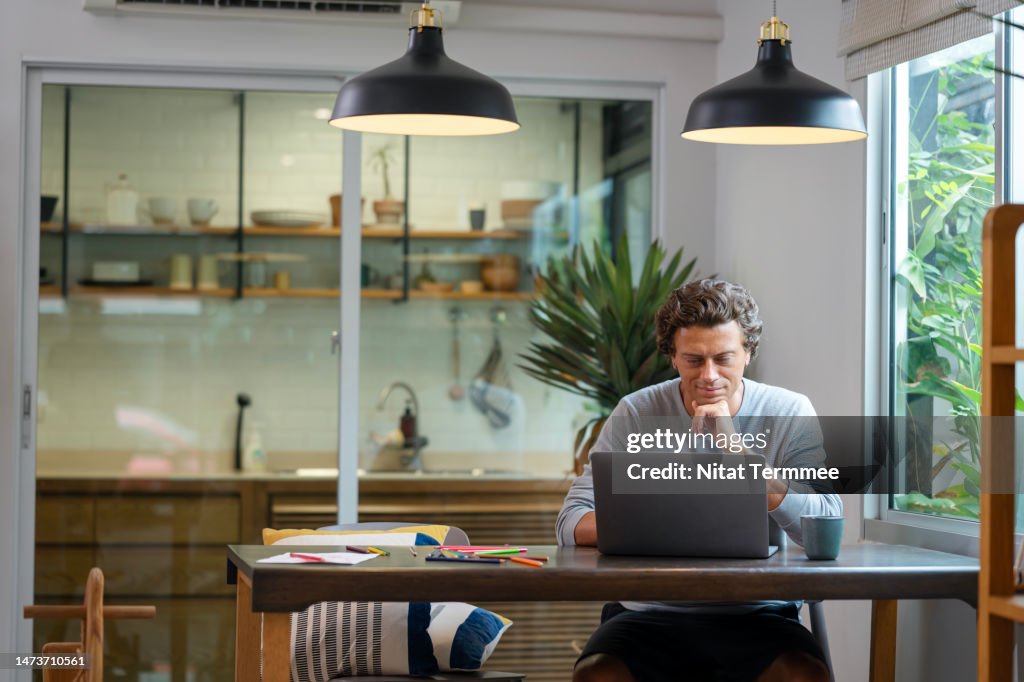 Remote Locations, Working with Flexibility in Work From Anywhere Solutions. Software Developer using a laptop computer to design computer applications and software quality assurance analysts and testers in the living room at home.