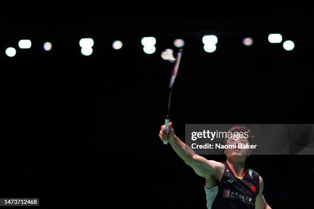 Yu Qi Shi of China in action during his Men's Singles match against Kanta Tsuneyama of Japan during Day Two of the Yonex All England Open Badminton...