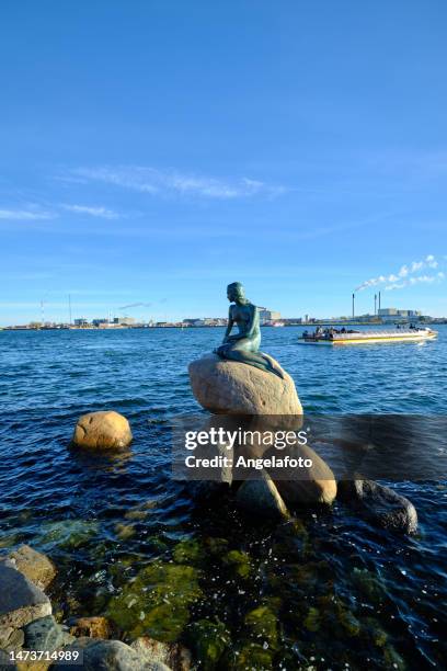 statue der kleinen meerjungfrau in kopenhagen mit touristenboot und verbrennungsanlage im hintergrund - kleine meerjungfrau stock-fotos und bilder