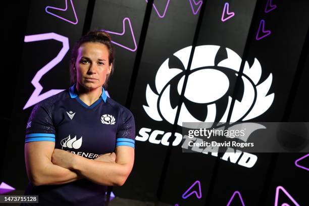 Rachel Malcom of Scotland poses for a photograph during the 2023 TikTok Women's Six Nations Media Launch at Studio Spaces on March 15, 2023 in...