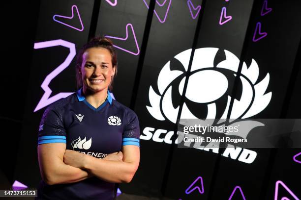 Rachel Malcom of Scotland poses for a photograph during the 2023 TikTok Women's Six Nations Media Launch at Studio Spaces on March 15, 2023 in...