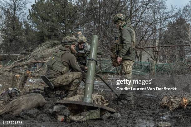 The men of an artillery unit of the Volat battalion which belongs to the Belarusian regiment Kastous-Kalinowski fighting on behalf of the Ukrainian...