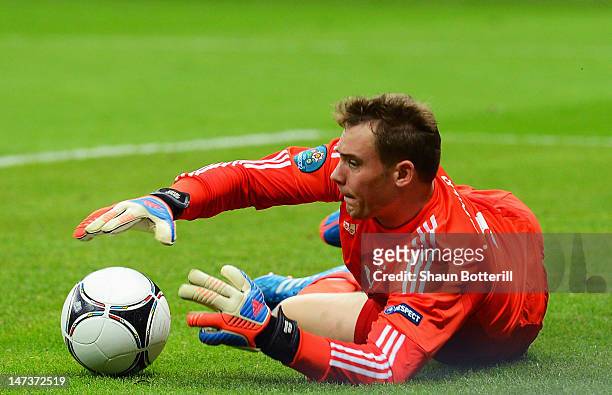 Manuel Neuer of Germany in action during the UEFA EURO 2012 semi final match between Germany and Italy at the National Stadium on June 28, 2012 in...