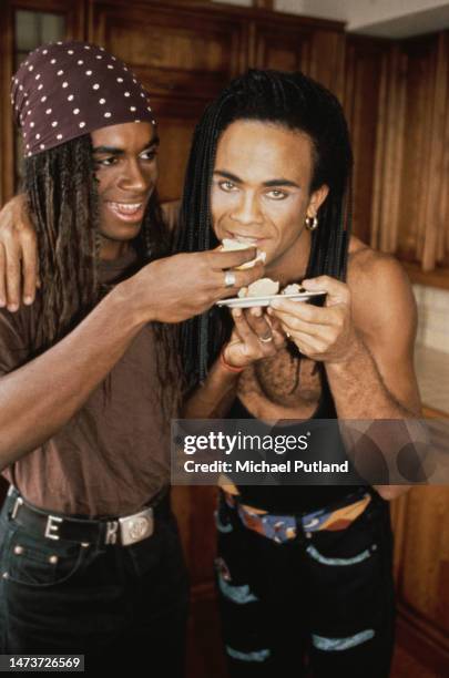 Singers Fab Morvan and Rob Pilatus of Franco-German R&B duo, Milli Vanilli, Gun Wharves, Wapping, London, 27th September 1988.