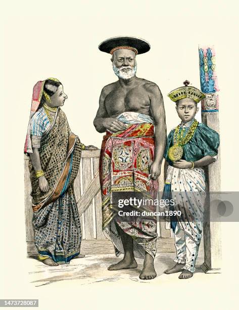 traditional costumes of a girl, distinguished sinhalese man, page to the governor of ceylon, sri lanka, history of fashion, 1880s 19th century - sarong stock illustrations