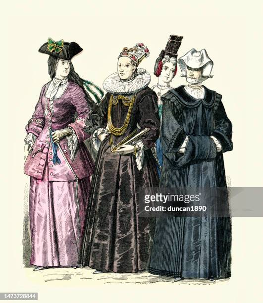 stockillustraties, clipart, cartoons en iconen met women's fashions at the start of the 18th century in switzerland, riding habit, church dress, history of fashion - driekantige hoed