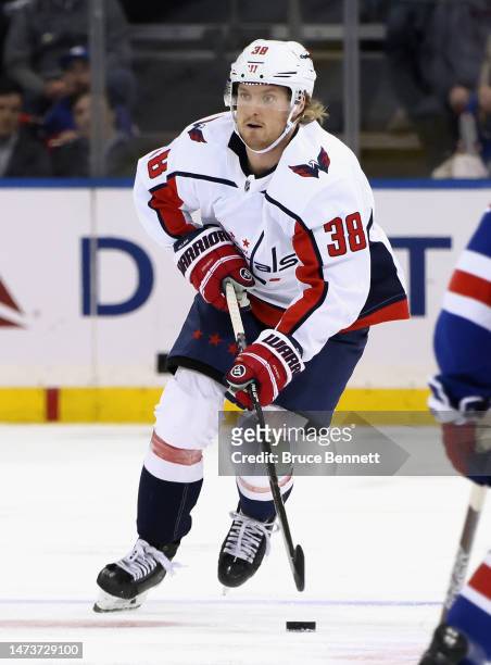 Rasmus Sandin of the Washington Capitals skates against the New York Rangers at Madison Square Garden on March 14, 2023 in New York City. The Rangers...