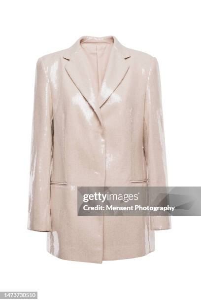 fashionable women's festive beige shiny jacket isolate in white background, invisible mannequin - sequin jacket stock-fotos und bilder