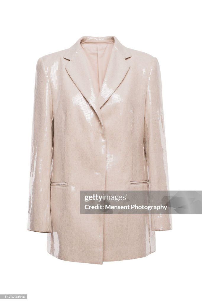 Fashionable women's festive beige shiny jacket isolate in white background, invisible mannequin